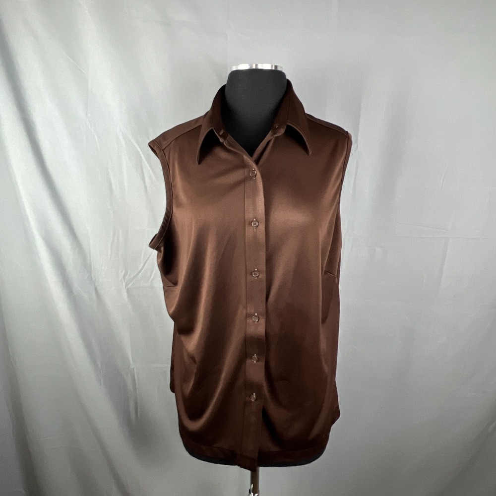 Vintage Sears Perma Prest Shirt Women 2XL Brown Button Front Collared Sleeveless